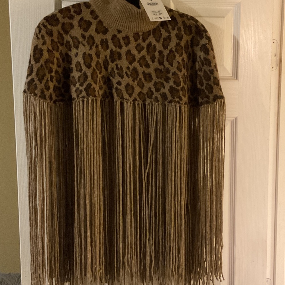 Zara NWT High Neck Leopard Print Fringe Cape Sweater